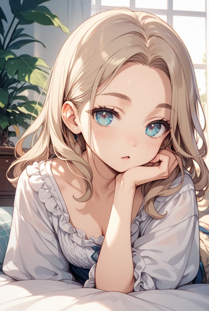 A quiet girl，Take the initiative to lie in bed，Stretch open your clothes with your hands and leak out two small and cute breasts，With his other hand, he opened his 