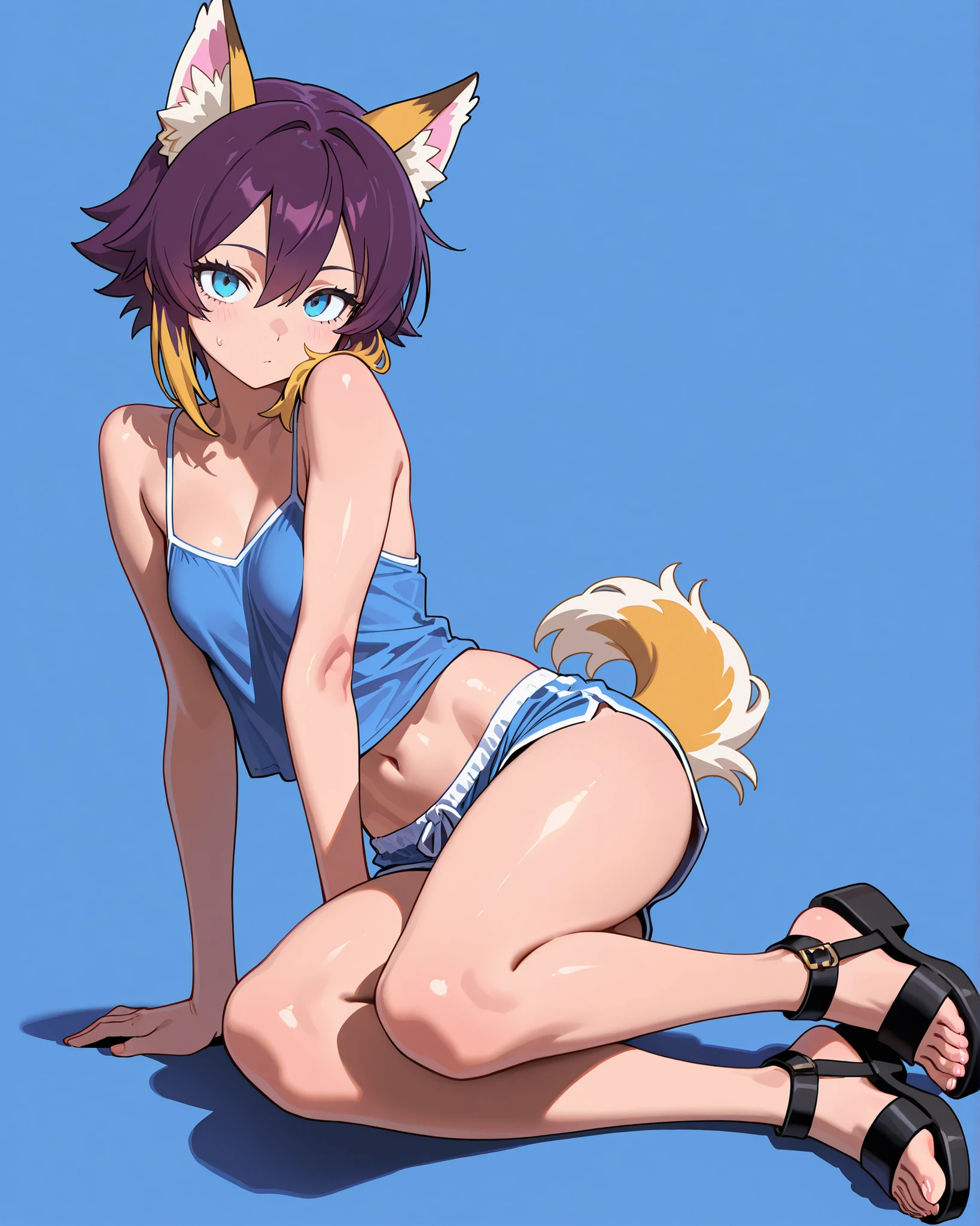 Shikabane, skunk, furry female, blue eyes, two tone body fur, purple body fur, white body fur, white hair, mohawk hairstyle, eyeshadows , makeup, small breasts, ((flower on hair, black frilly bikini, black frilly skirt), detailed body fur, detailed body, detailed face, detailed eyes, glistering body, shiny body, skinny, (best quality), cinematic lighting, looking at viewer, anime style, beach, clear sky, 1girl, :3, tiny body, short body,