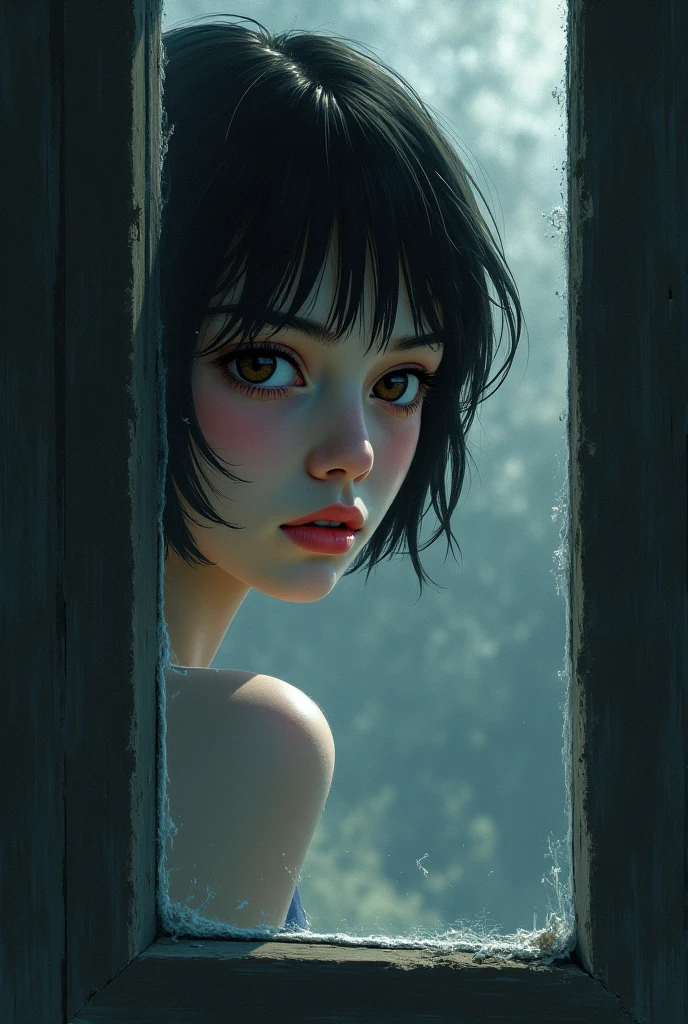 Realistic，Photo level，1female，with short black hair，detailed detail，黑The eye，detailed detail，pretty skin，short  skirt，Above Knees，Foggy，Mist light，Look from the bottom up