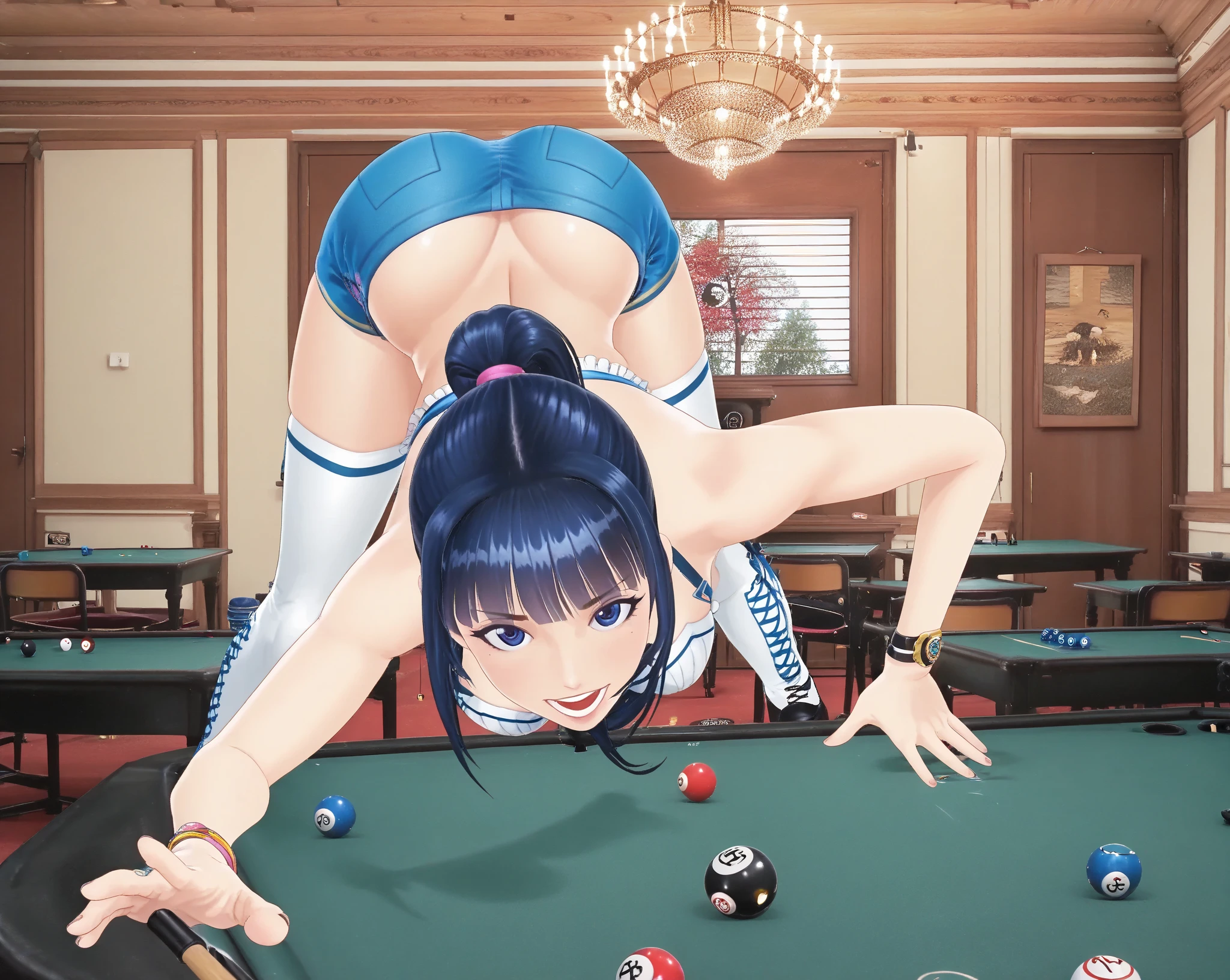 Women,Billiardsをしている,Blue hair in twin tails,Billiards,Dressed as a bunny,leotard,Ami tights bunny ears,Big Breasts