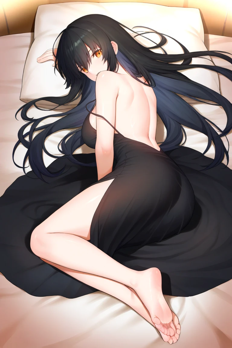 (best image quality、highest quality、highest resolution、ultra-realistic photography、full body photo、masterpiece、16k、)one girl。Super super long black hair。Hair length is over 10 meters。the place is a bedroom。super ultra long hair。She is lying on the bed with her back turned to show her long hair.。naked。