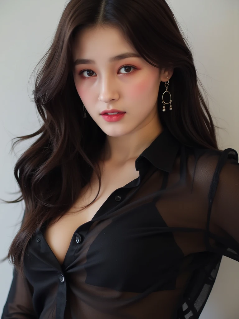 best quality、ultra-detailed、4k、Japanese、Seductive beauty、seductive adult woman、Pretty Woman、cool girl、Villainess、Brainwashed、brainwash、Fallen into evil、smirk、Evil look、Wicked Smile、evil、Brown hair、wavy hair、swept bangs、dark makeup、dark makeup、piercing eyes、hollow eyes,half-closed eyes、Hollow Eyes、purple Eyeshadow、black lipstick、black lipglos、suit、Jacket、Black Ribbon、Frilled blouse、flare skirt、night、inside darkroom、Has a switch、Emblem of Evil、Crest of Darkness、Swear allegiance、I have pledged my allegiance、Dye black、Blackening、Stained with evil、Dyed in darkness、Whisper in my ear