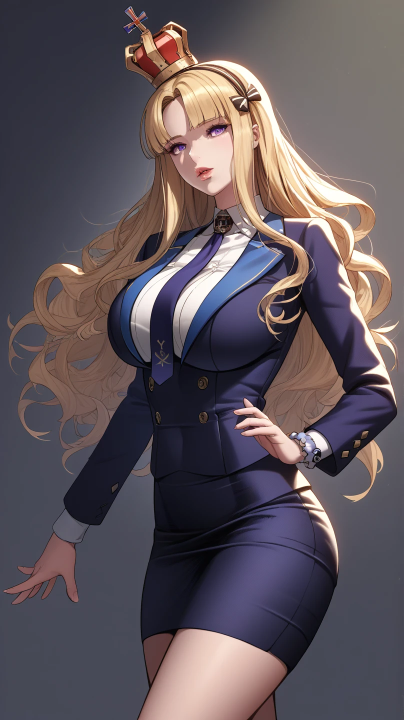 (best quality,ultra-detailed,photo-realistic:1.37),bright and vibrant colors,studio lighting,playful expression,stylish makeup,long blonde hair flowing in the wind,alluring eyes,glossy lips,sexy pose,Blue Business suit, standing in Office, smiling in a confident and seductive way,posing for a professional photoshoot,shallow depth of field,highlighting the main subject,soft natural lighting,creating a dreamy and magical atmosphere. (((Medium Tits)))