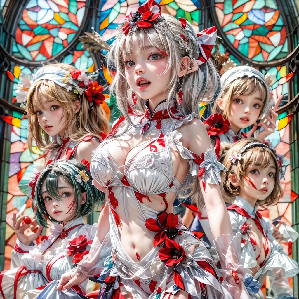 (SFW, White and Red, masterpiece:1.2, Exposed:1.2), (nipple:-0.9), (Acutance:0.8), (many sexy junior idols in group photograph), ((Extremely Detailed KAWAII face variations, joyful expression variations)), { Navel | pretty Ass | Overflowing sideboob | (Delicate lace knitted white wear) | full of Flowers covering girl's body | (Colorful Light shines from Dazzling and delicate stained glass:1.2) }. ( ultra-detailed, realistic, (photorealistic:1.37) with a touch of rawness). { under the mesmerizing back lighting | concept art | enhancing the overall visual impact }. (not Detailed fingers:-0.9) .