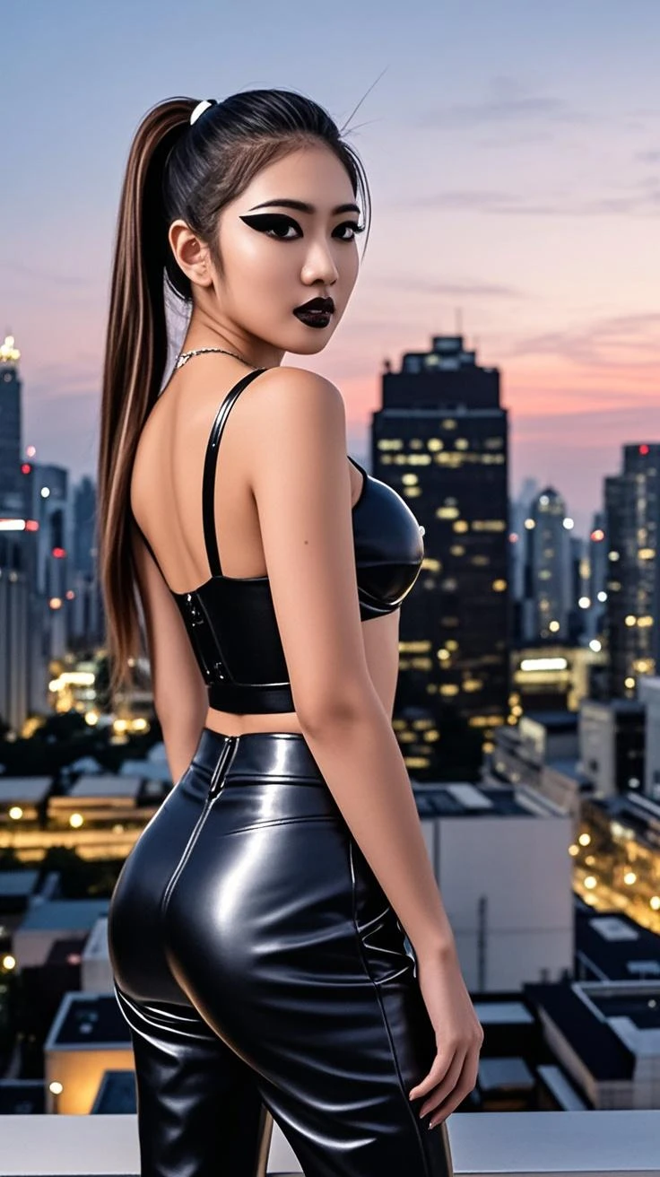 1girl, (Blue Eyes), (smiling), (Sana Minatozaki), (beautiful makeup :1.2), wide hips, Big tits, big ass, (thin waist: 1.2), (thick and toned thighs), (Best Quality, 8k, Masterpiece: 1.3), Clear Focus: 1.2, Perfect Body Beauty: 1.4, strong abs, Highly detailed face and skin texture, detailed eyes, double eyelids, red lips, (black long straight hair :1.3), short black dress with sequins, high heels, long stocking, in a street of tokyo at night, buildings illuminated by signs in the background