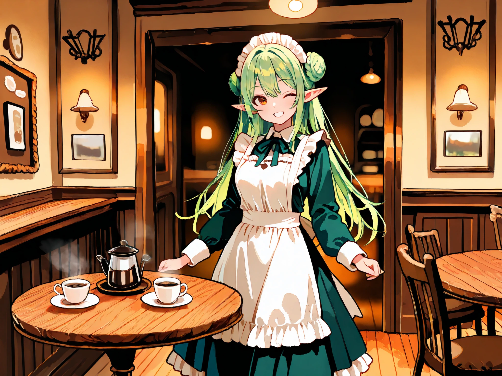A smiling elf maid welcoming guests with a wink and a charming pose at a cozy maid café. She has long, slender, pointed ears and elegant posture. She wears a frilly maid apron with a ruffled skirt, styled like a noble servant. Her green hair is tied in a refined chignon bun. The café interior is warm and inviting, filled with the rich aroma of freshly roasted coffee. Steam gently rises from cups on wooden tables. The atmosphere is filled with soft amber lighting, warm wood tones, vintage decor, and a sense of comfort. A faint haze in the air suggests the aroma of coffee drifting throughout the room. She stands near the entrance, radiating charm and elegance in a fantasy-meets-modern café setting.