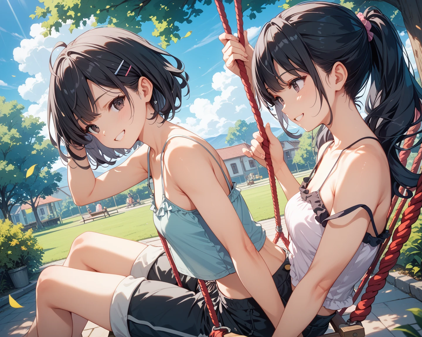 best quality, (beautiful),illustration style, anime style, masterpiece, extremely fine and beautiful, illustration,Forest,
(Girl strongly rowing on a swing:1.3),
1 girl,(child:1.3),((happy:1.2)),
((tank top:1.2)),(miniskirt),(dynamic angle),cute face, thin eyebrows, thin lips, big eyes, black hair, black eyes,small breasts,Wind,((showing panties)),