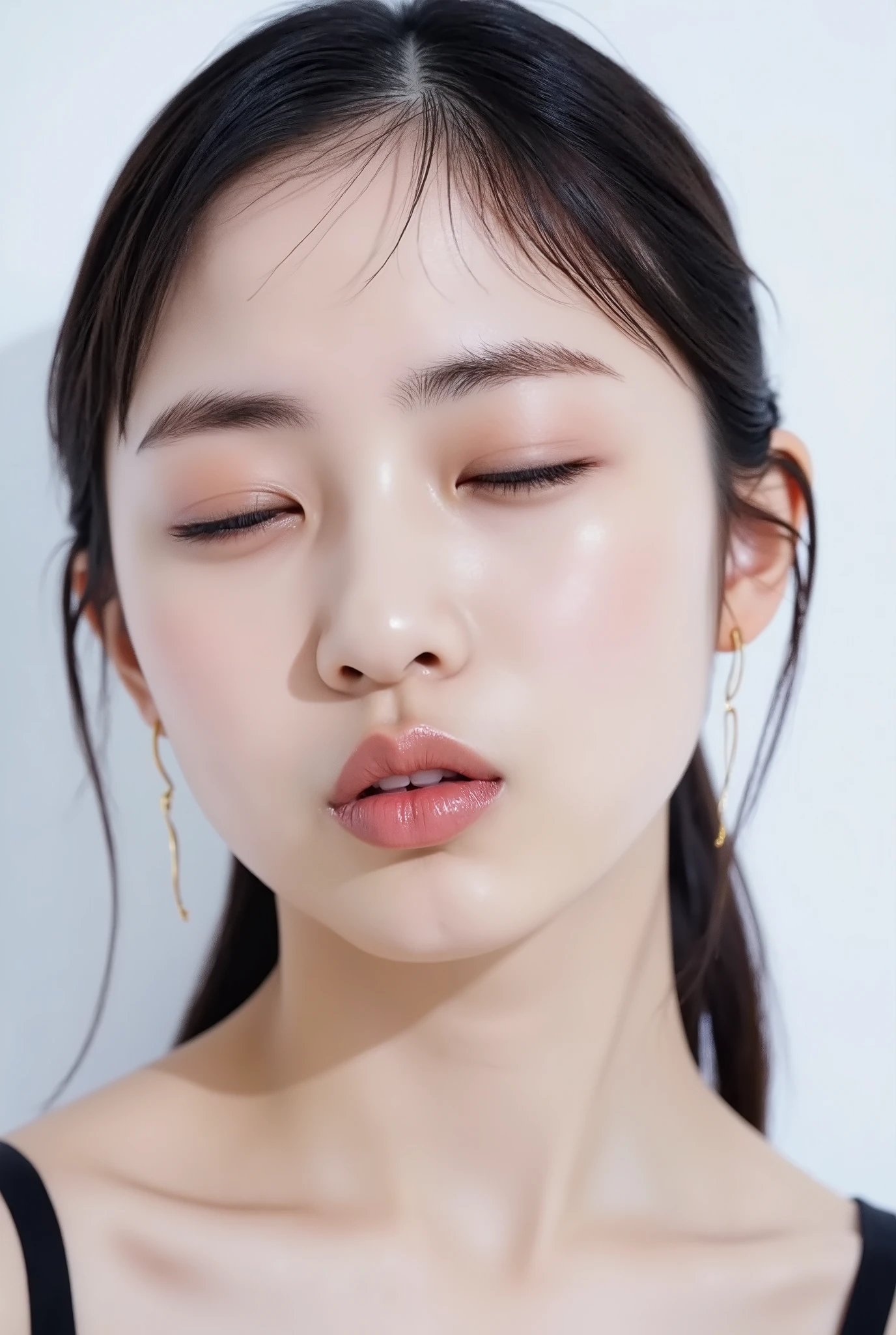 ultra-detailed close-up of a beautiful modern girl, collarbone-up composition, white studio background, soft natural lighting, soft focus on background,
camera angle slightly elevated (about 60 degrees), subject's chin gently raised, head and face facing forward, body posture suggesting slight tiptoeing,
eyes gently closed, dreamy and euphoric expression, cheeks and ears flushed with bashful blush, lips tightly puckered and strongly protruding,
mouth forming a rounded "O" shape like whistling or blowing a kiss, kissy lips, extremely glossy and moist lips with shimmering highlights,
natural-looking shiny lip gloss as the only makeup, skin is matte with visible peach fuzz and realistic pores,
subtle facial contour blur to guide viewer’s gaze toward lips, cute and soft dere-dere mood,
deeply affectionate smile while puckering, hands behind the back and not visible, black camisole straps slightly visible,
overall overflowing with affection, adorably seductive and shy charm, longing and dazed joy, subtly coquettish expression,
no vintage look, fully modern skin tone, hair texture and color corrected to current aesthetic standards