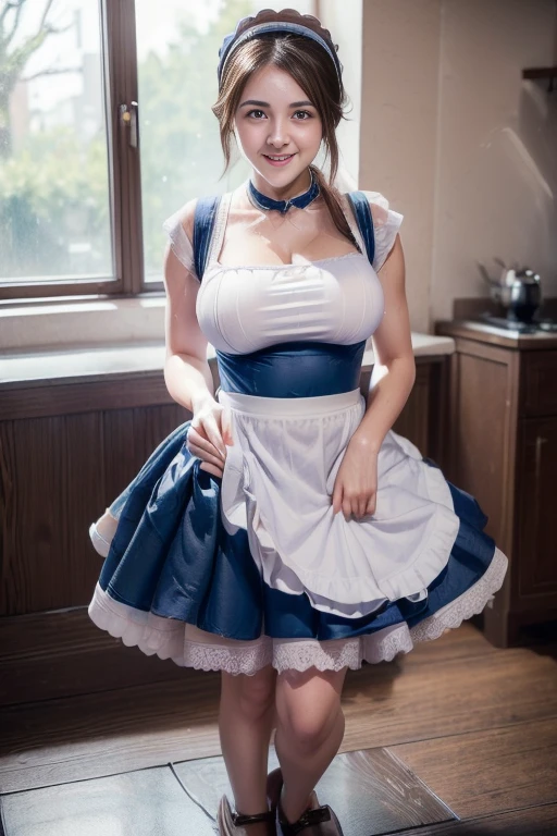 maidennurse、a beauty girl、The costume is a see-through school swimsuit.、Her breasts are very large、She is wearing a thin apron with small frills that only covers the crotch area.、She hides her breasts with a small transparent ruffled curtain、My clothes are torn and small、Smiling、masuter piece、A detailed、School swimsuit so small that you can&#39;t see the fabric
