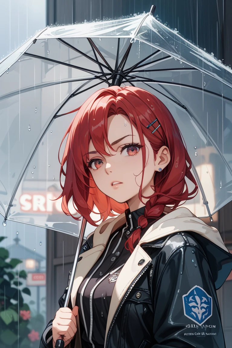 1girl, bangs, blurry, blurry background, bra, breasts, cloudy sky, from side, looking at viewer, multicolored hair, outdoors, parted lips, rain, red eyes, red hair, red lips, short hair, solo, umbrella, upper body, wet, wet clothes, wet hair