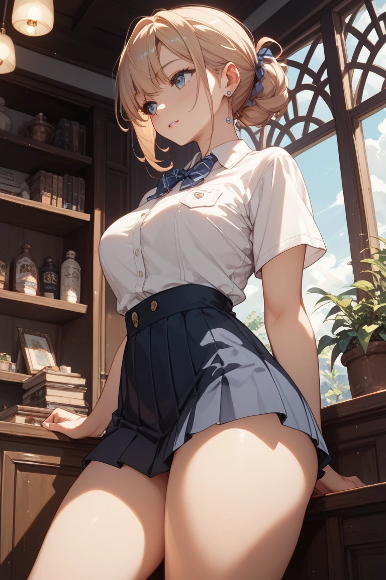 (masterpiece:1.2), best quality, high resolution, unity 8k wallpaper, (illustration:0.8), (beautiful detailed eyes:1.6), extremely detailed face, perfect lighting, extremely detailed CG, (kinomoto sakura, green eyes, pleated skirt, shirt, indoors, tomoeda elementary, two side up, smile, shy, short stature, small breast, solo,), sitting, spread legs, no bra, show off nipple, nipple, very torn clothes, open-breast clothes, very short skirt, lift skirt, pink striped pattern panties, vagina, gleaming skin, moist skin, embarrassed, open mouth, noon, in the library, low angle, looking at viewer, troubled face,