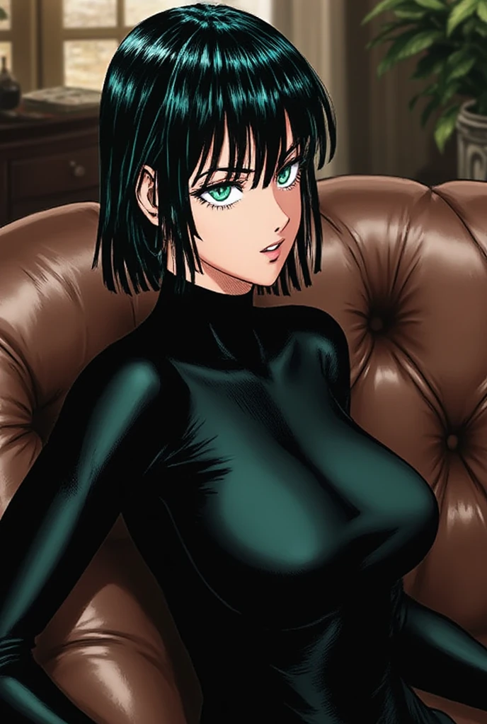 girl,smile,red lips,big nose big breasts,short hair,sexy body,lingerie black clothing,sexy pose,realistic