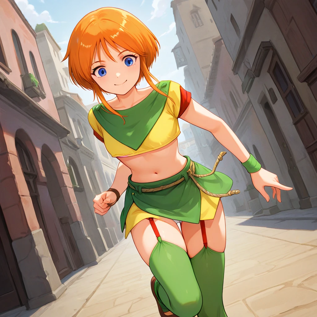 Fight with Barbara,alone,white_panties,(Shoot from below),(Wind from below),dq6barbara High ponytail dress Cape Yellow gloves Belt Jewelry Earrings