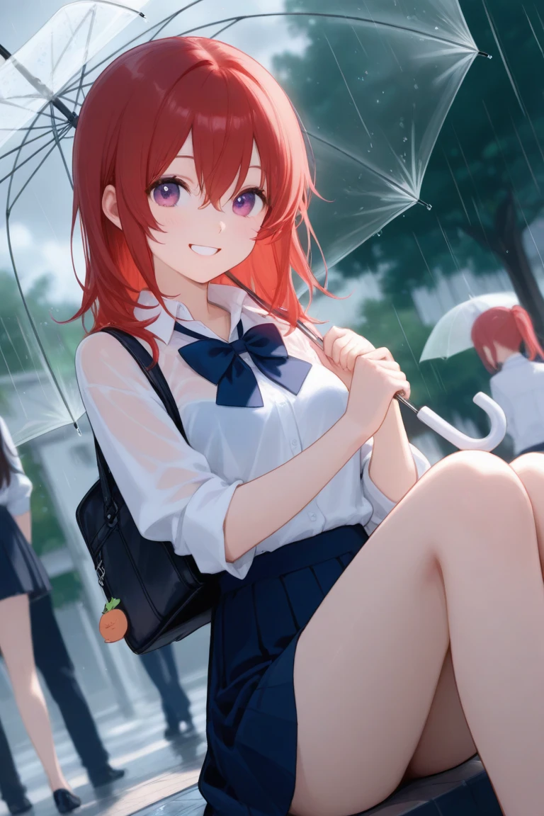(((masterpiece))), ((best quality)), detailed, solo, (1girl),lingerie, stockings,(rain),raincoat,hat,sitting on the bench,hands in pockets