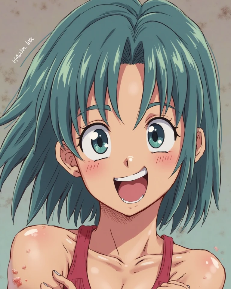 score_9, score_8_up, score_7_up, rating_safe ,BREAK from front,standing,.pov,top angle,,straight-on,
,(upperbody), 1girl, bulma, dragon ball, aqua hair,bangs,hair ribbon,braided ponytail,(black_tanktop),navel,midriff ,hot_pants,open fly,,large_breast.puffy nipple:1.2 ,(smug,Sweat,),(blush:1.2),openmouth,,,
,Solo,,(daytime and outdoor,),
,,,detailed skin,(masterpeace),(best quality),(good quality),(great quality),(aesthetic,very aesthetic),((anime,anime Style,anime keyvisual,cel shading)),anime coloring,sharp focus,depth of field,(beautiful,more detail XL),,(bouncing_breasts:1),(motion lines),(motion_blur) ,(cinematic lighting,professional lighting),cinematic shadows,backlighting.lens flare.