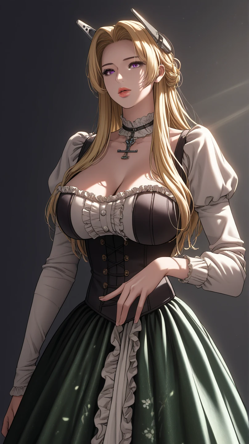 1girl, natural lighting, masterpiece, highly detailed, illustration, game CG, absurdres, high quality, beautiful detailed eyes, glossy lips, natural lighting, medium breasts, klaudia valentz, forest, collarbone, choker, (black corset, witch dress, thigh highs)