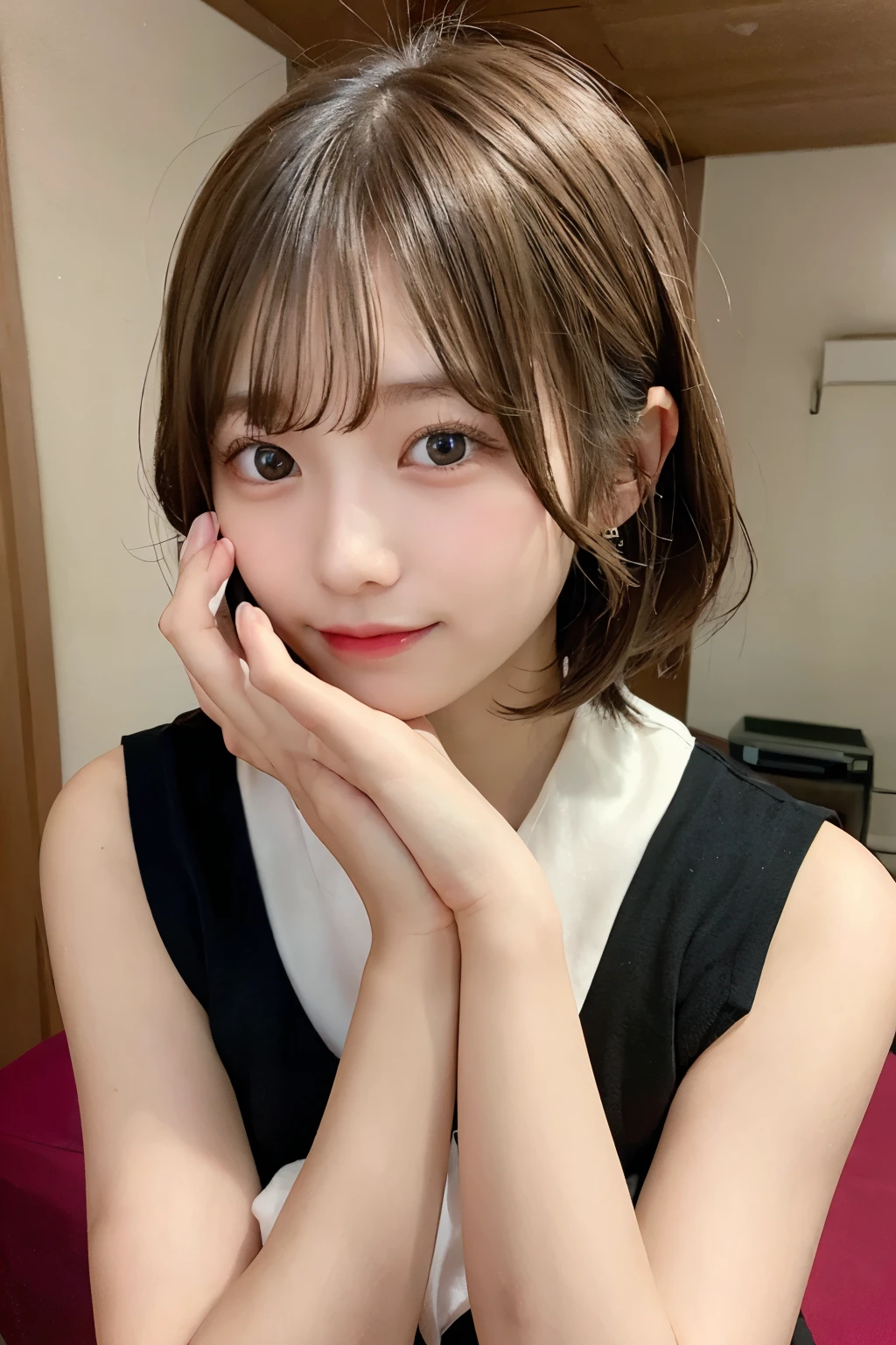 (highest quality、８K、masterpiece、High resolution、genuine、3D), １with people、A girl as real as a photo, ((close up headshot))、 simple background, looking at the viewer 、(12 year old girl)、round face、cute、slim、flat body、 and slender、、、(Pure white fleece jacket)、