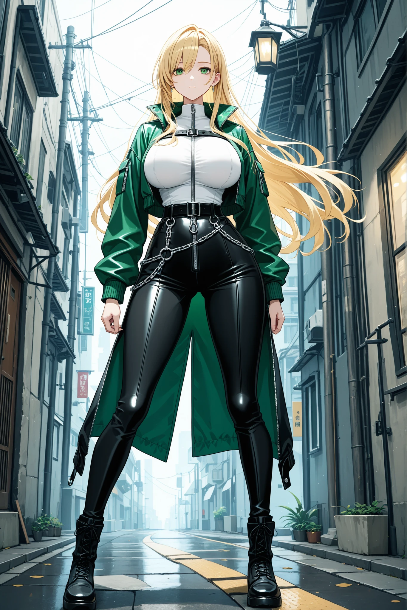 full body blonde long hair green eyes expressionless big breasts jacket belt chain zipper