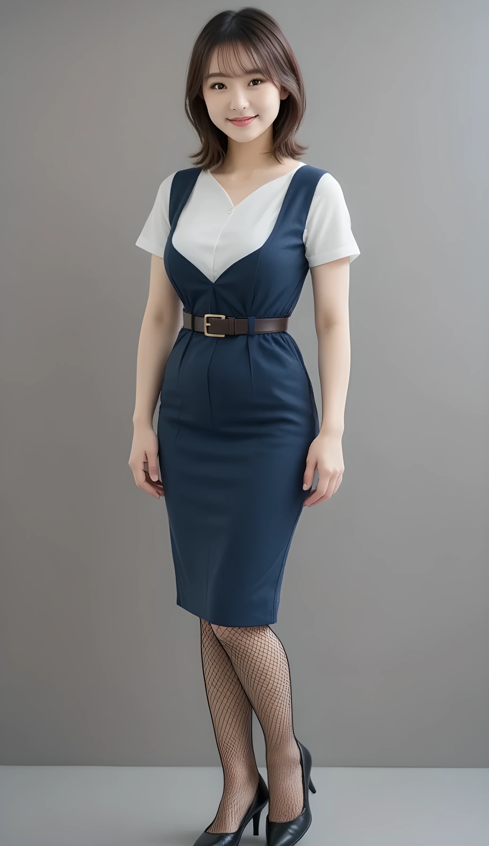 Super Real , Photoreal , (Full body image:1.5), she looks so happy , shadow, Global Illumination , Alone, (Japanese women in their 20s :1.5), very beautiful、 cute smile , Slim, brown hair , Beautiful Legs , Long, slender legs , Surimi Waist , I'm wearing a receptionist uniform ,I'm wearing a bus guide's uniform , turn your body forward、 white hair,full body photo ,Please take a picture up to the tip of your foot ,wear black fishnet stockings glittered on her legs ,When the light hits stockings, they reflects beautifully., wearing black high heels ,