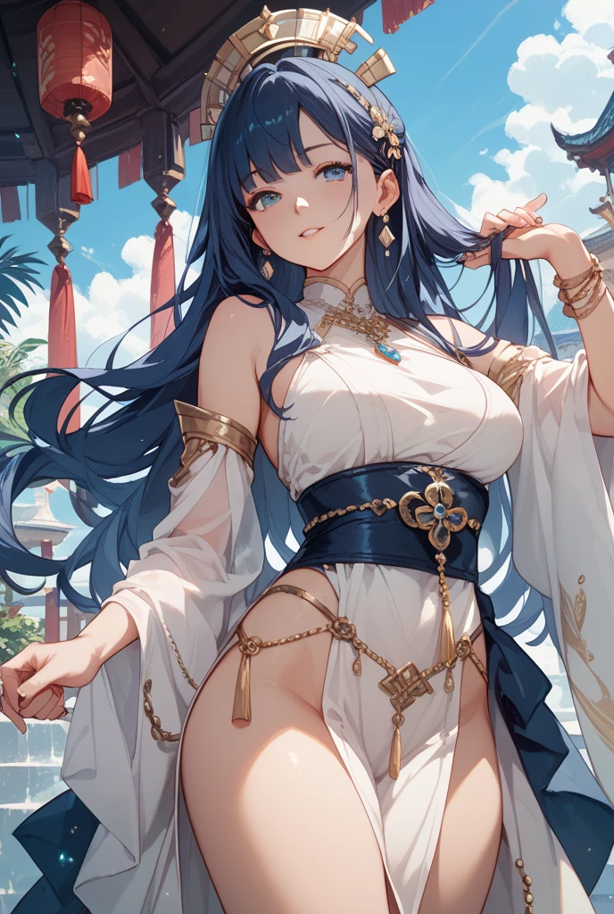 high quality, ultra detailed, best quality, insanely detailed, beautiful, masterpiece, 1girl, plaza, medieval Europe, cowboy shot, red eyes, long hair, light purple hair, (belly dancer, harem outfit, pelvic curtain:1.2), purple costume, bare legs, circlet, earrings, armlets, bracelets, bashful smile, dancing, large breasts, cleavage, soft stomach