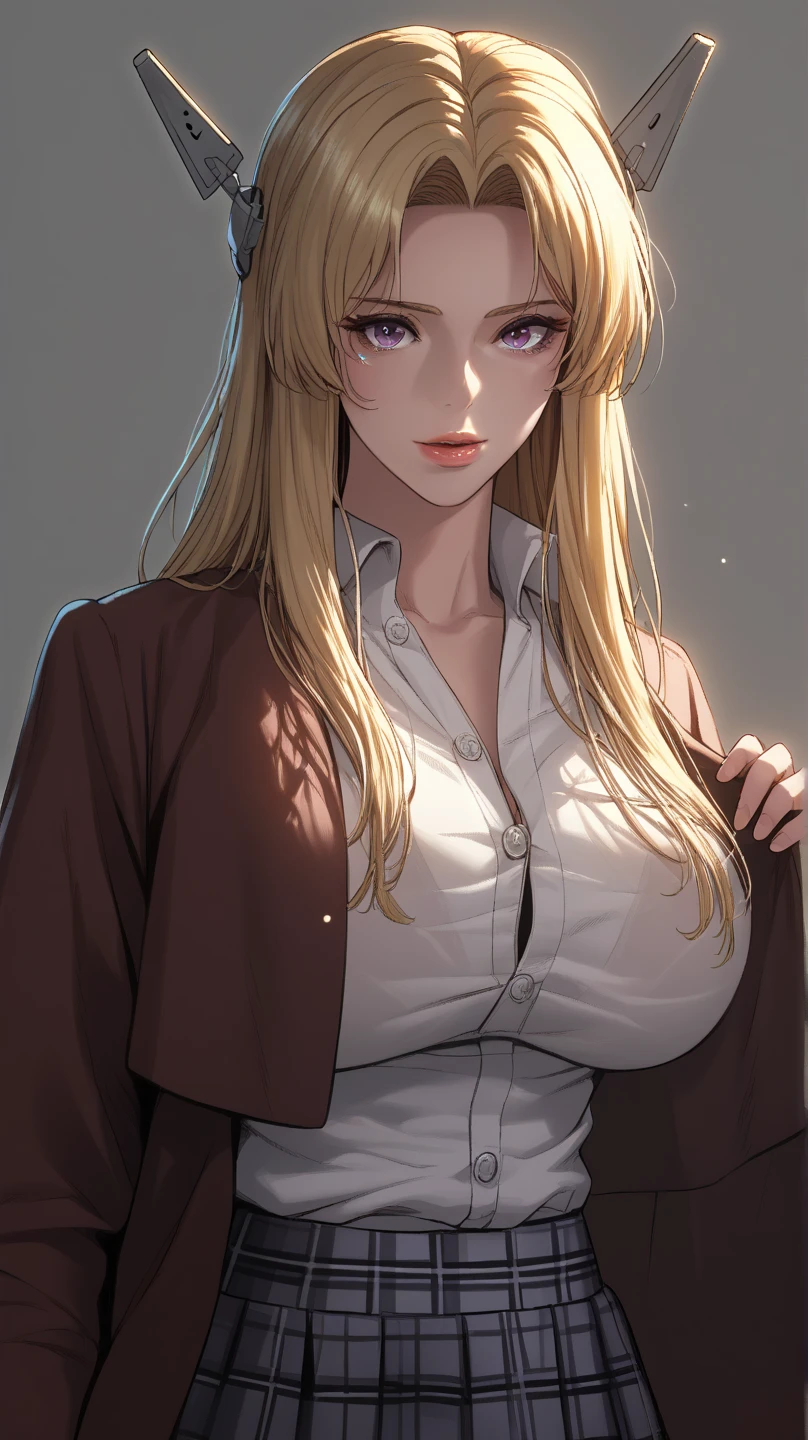 masterpiece, top quality, super detailed, high resolution, (ink painting style), excellent anatomy, beautiful 1 woman, button-down shirt, black skirt, school, dark brown hair, chest, (blonde:1.2), view your viewers, (highly detailed face:1.1), (pure eros face v1:0.8), best light, best shadow, mysterious, perfect face, highly detailed,