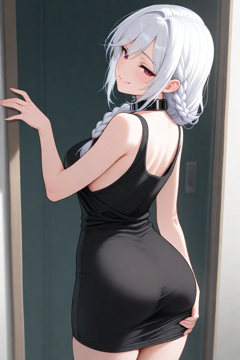 1girl, anime, cute girl, blank background, white background, fantasy, detailed dark fantasy dress with highlights, beautiful face, beautiful eyes, dark colors, silver hair, medium breasts, slight cleavage, beautiful skin, cute, breast curtains, extremely delicate and beautiful, (beautiful detailed face:1.0), (detailed deep eyes), symmetrical breasts, deep eyes, shiny skin, portrait, slender waist, hips wider than shoulders, thighs, young girl, expressionless, (arched back, Appearance from behind, round ass:1.7)