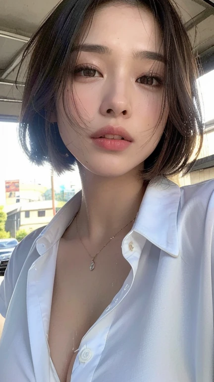 ((best quality, 8K, masterpiece: 1.3)), sharp: 1.2, perfect body beautiful: 1.4, slim abs: 1.2, ((layered hairstyle, big breasts: 1.2)), (wet White Button Long Shirt: 1.1), (rain, street: 1.2), wet: 1.5, Highly detailed facial and skin textures, delicate eyes, double eyelids, Looking at the camera sideways