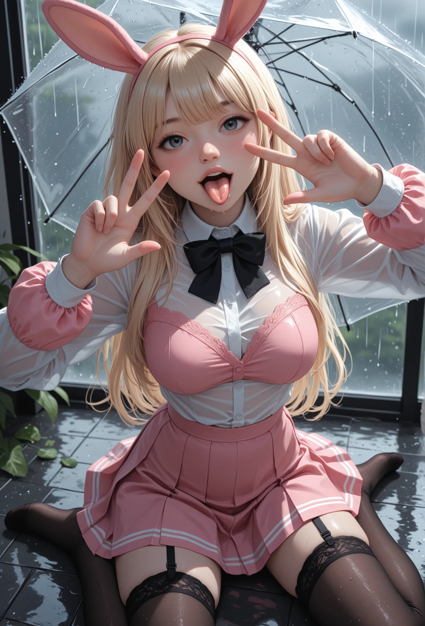 ((Highest quality)), ((masterpiece)), (detailed), One girl, sexy,Young girl,Beautiful girls,18 year old girl,Beautiful Eyes,Blue Eyes,Well-balanced body line,Thin arms,Thin legs,Beautiful fingers,White skin,Beautiful Skin,Beautiful teeth alignment,White and beautiful teeth,Curved waist,Russian Girls,Beautiful blonde hair,Flexible hair,Long Hair,White shirt,Red ribbon around neck,Black Mini Skirt,White socks,Black Loafers,Big Breasts,blush,Mouth half open,Embarrassed expression,Expressions of ecstasy,Moist eyes,Are standing,Look straight ahead,Eyes pleading for something,Love juice running down the inside of the thighs,Wet panties