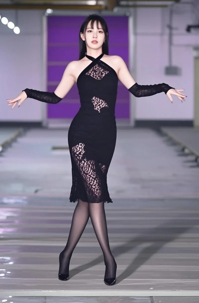 Short hair girl，Dark hair，Dark high heels，cry，Dance