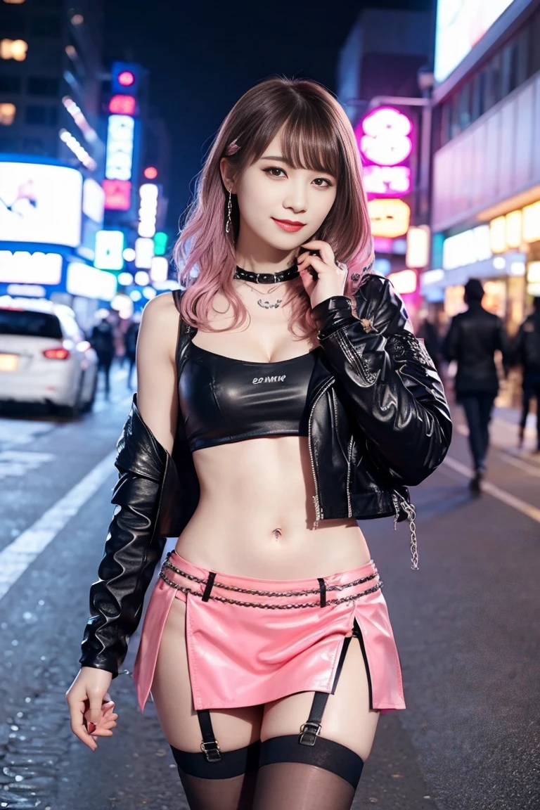 masterpiece, high resolution, 1 girl, beautiful woman in a short skirt and white top walking down a street, photoshoot style. 8k, seductive beautiful girl, realistic style, realistic beautiful girl, attractive beautiful girl, photorealistic beautiful girl render, realism style, best quality detailed 8k, big breast, large breast, details breast, breast detailed, smiling expression, eyes detailed, pink hair, pink haired, details pink hair, hair pink detailed similing face,