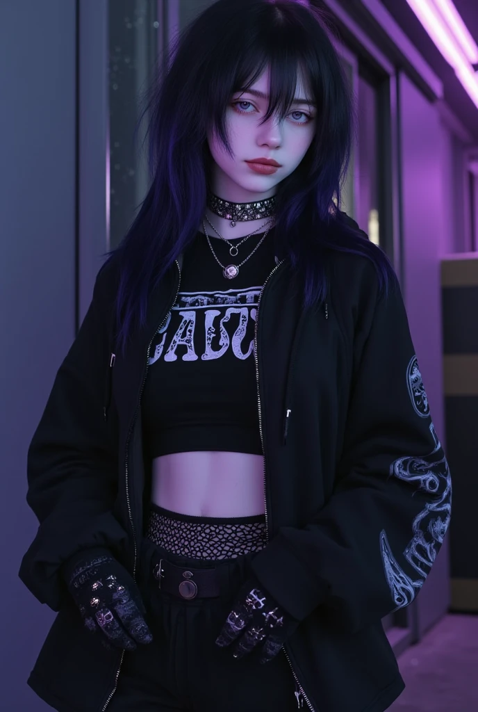 Anime goth girl with purple hair, silver eyes, brown skin and a black shirt with skulls on it and black ripped jeans and black spikedleatherboots (full body)