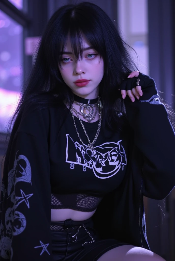 arafed asian woman sitting on a chair wearing a black shirt, witchcore clothes, cruel korean goth girl, outlive streetwear collection, jossi of blackpink, official, she is wearing streetwear, medium long shot, wearing black tshirt, ulzzang, japanese streetwear, productphoto, punk rock clothes, album art, woman in streetwear, with pop punk style