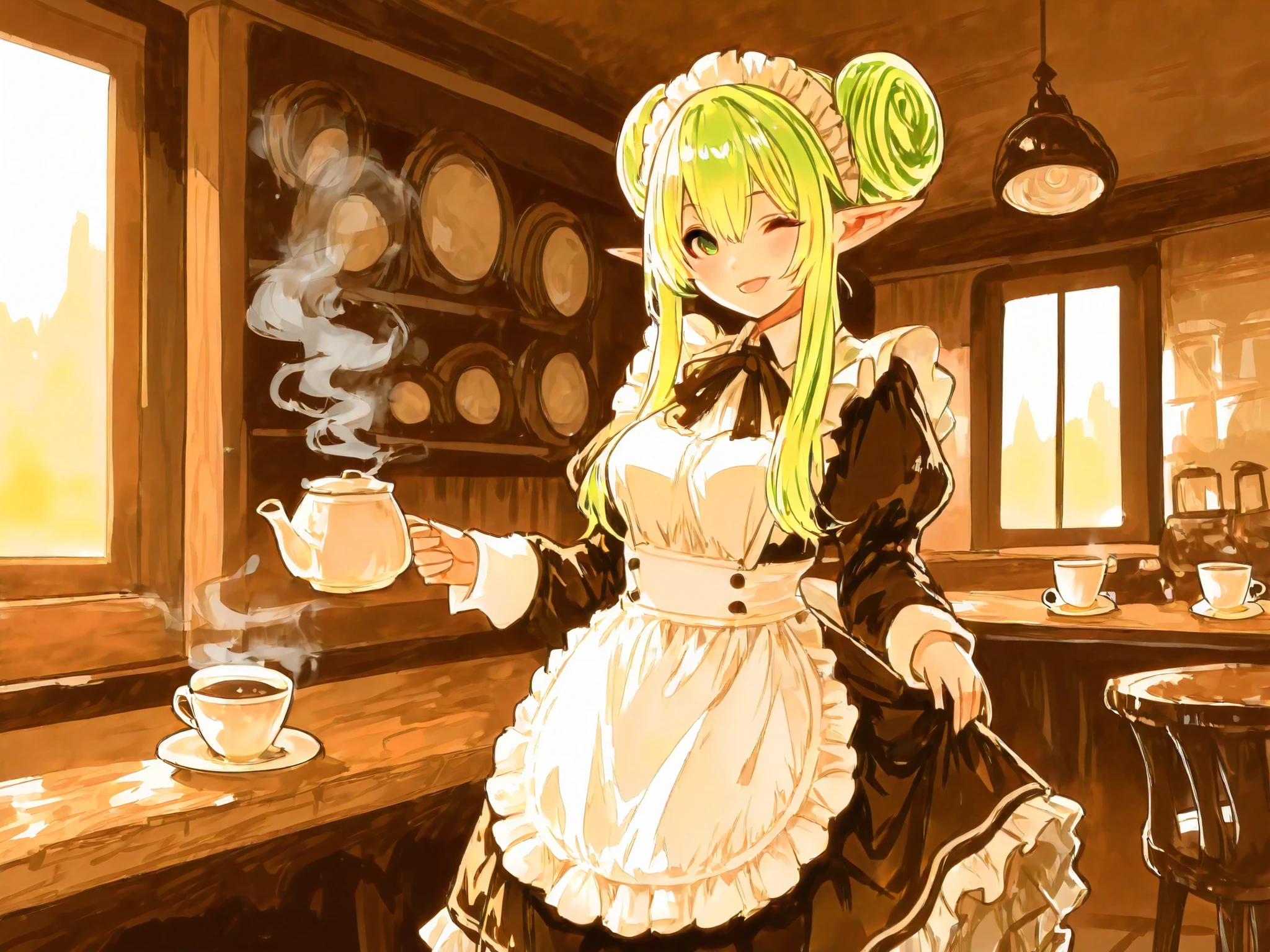 A smiling elf maid welcoming guests with a wink and a charming pose at a cozy maid café. She has long, slender, pointed ears and elegant posture. She wears a frilly maid apron with a ruffled skirt, styled like a noble servant. Her green hair is tied in a refined chignon bun. The café interior is warm and inviting, filled with the rich aroma of freshly roasted coffee. Steam gently rises from cups on wooden tables. The atmosphere is filled with soft amber lighting, warm wood tones, vintage decor, and a sense of comfort. A faint haze in the air suggests the aroma of coffee drifting throughout the room. She stands near the entrance, radiating charm and elegance in a fantasy-meets-modern café setting.