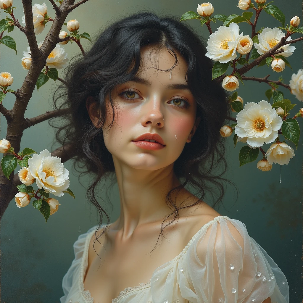 (Depth composition) (portrait of a young woman with flowers), Inspired by David Hettinger, oil painting