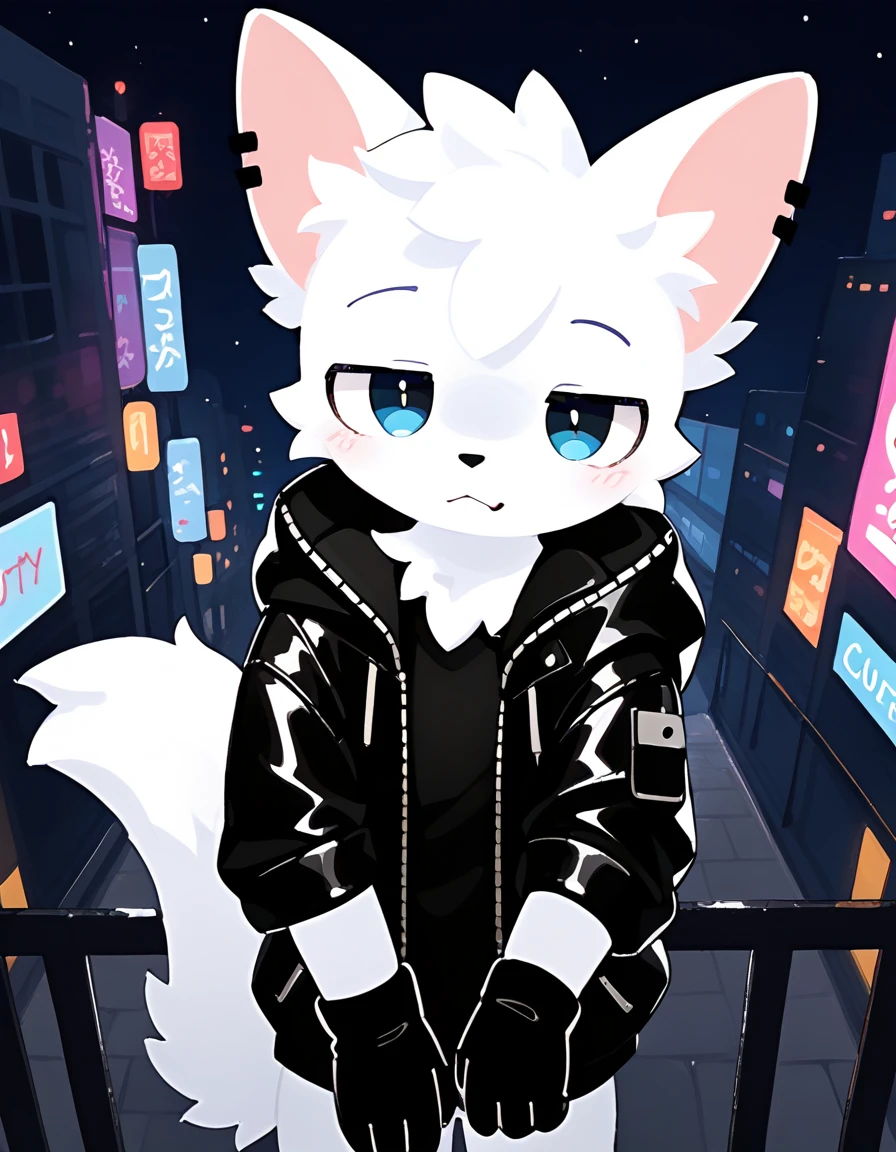 Masterpiece, 4K quality, top quality, high performance, high detailed, smooth, light, ((short cat, Light blue eyes, neon eyes, wear cyber hoodies, wear black tight boxer, wear black tights stockings)), look at viewers with empty face, empty face, no smile, one hand grabbed the cyber gun, one hand in hoodie pocket, (cyberpunk, cyber, cyberpunk 2077, core, cyberpunk style, sci-fi, futuristic, neon)