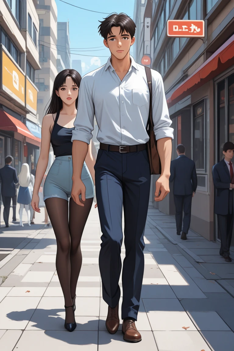 An Asian 40-year-old man with black hair to his shoulders, a beard, dark skin, good spirits, and a picture with two characters on it
