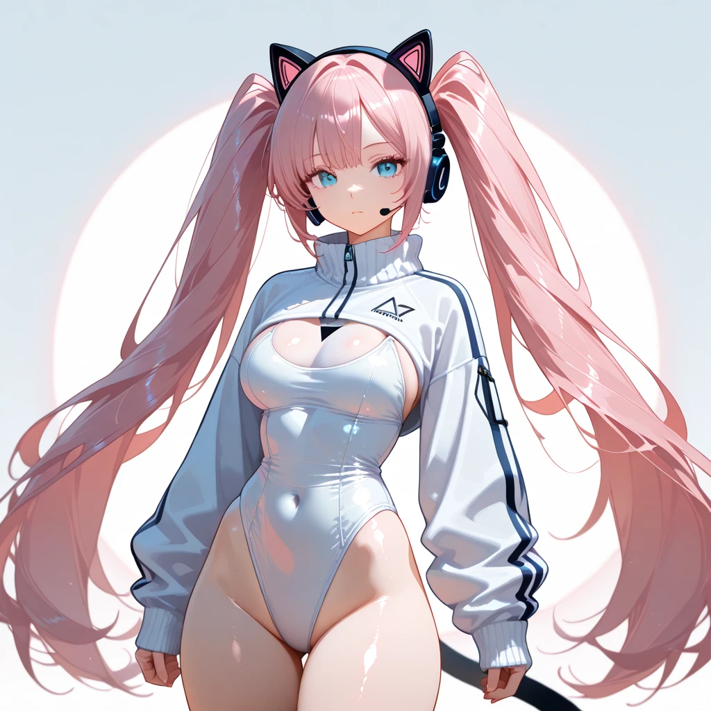 (RAW photo, best quality, masterpiece:1.2), (realistic, photo-realistic:1.4),(masterpiece:1.4),(best quality:1.4),1girl, solo, :d, animal ear headphones, animal ears, arms up, bangs, blush, bodysuit, breasts, bunny pose, clothes writing, covered navel, cowboy shot, cropped jacket, fake animal ears, gloves, outdoor,morning,snow, hair intakes, headphones, impossible bodysuit, impossible clothes, jacket, large breasts, latex, latex bodysuit, long hair, long sleeves, looking at viewer, large breasts, multicolored gloves, open mouth, pink bodysuit, pink eyes, red eyes, red jacket, shiny clothes, shrug \(clothing\), sidelocks, skin tight, smile, thigh gap, thighs, twintails, very long hair, white gloves, white hair,alice \(nikke\),(shiny skin),realistic,nude