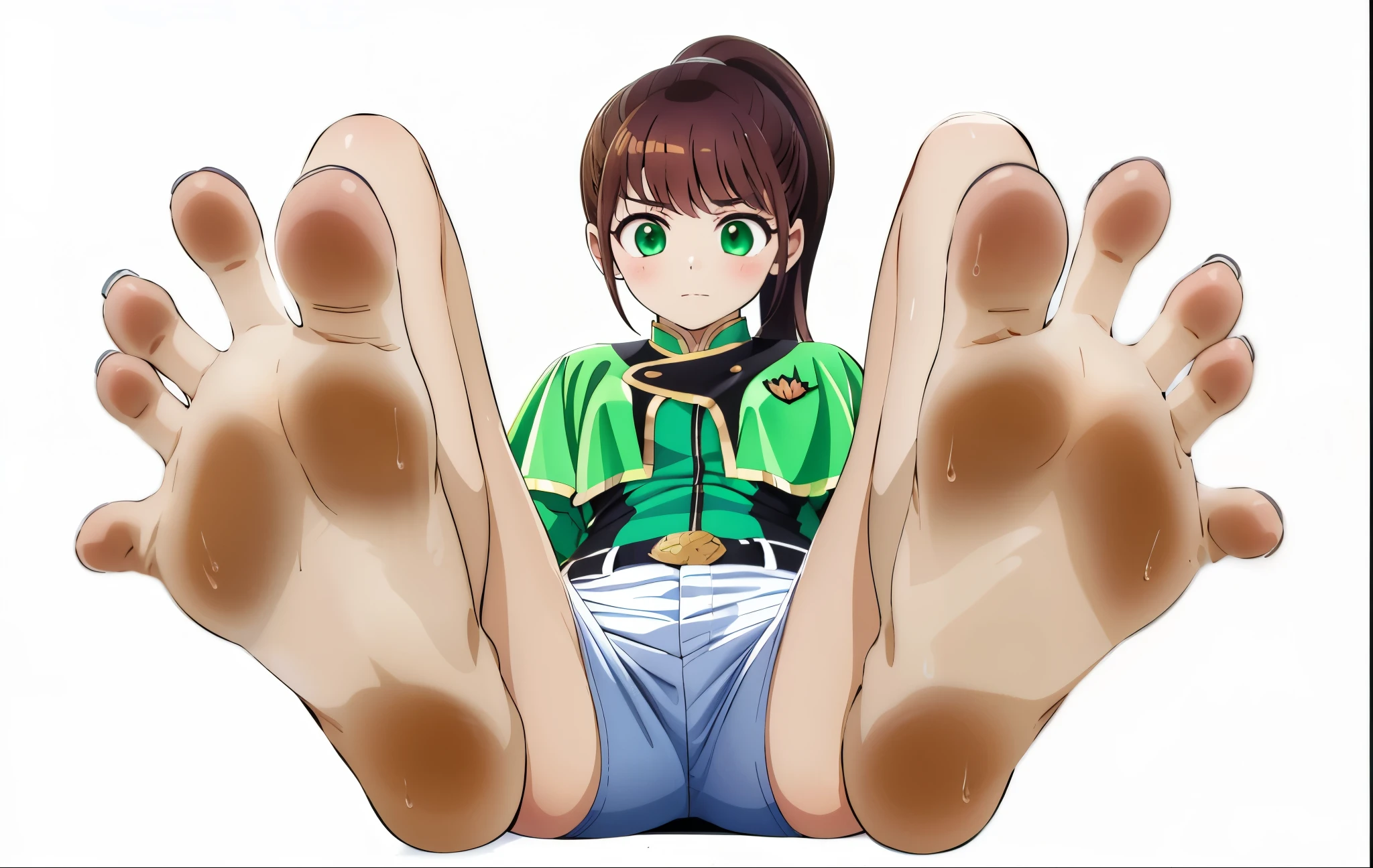 Cartoon of a woman sitting on the ground with her legs up, Anime Barbie in White Stockings, Foot Art POV, High Sole, Mid view from under her feet, Detailed feet POV, Foot pose, Her legs are sticking out, Legs that capture your perspective, Sentai Heroine, Tensou Sentai Goseiger, mone(goseiger), Goseiyellow