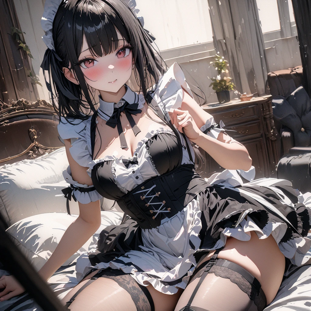 the woman is wearing a Maid clothes standing up on the floor, solo, panties, underwear, skirt, lacy black and blue panties, side-tie panties, satin panties, lying, thighhighs, garter belt, clothes lift, show off bra, show off panties, realistic
