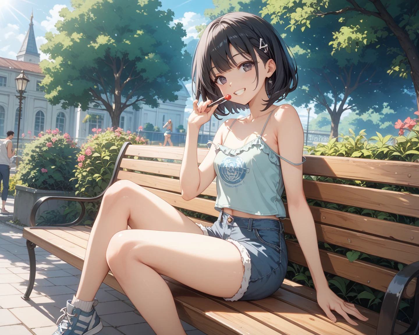 s girl、Brown hair long、Ahoge、Black Sleeveless T-Shirt(Oversize)、Light blue shorts、thigh、espadrilles、great outdoors、行走