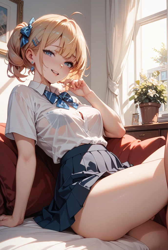 ((masterpiece, best quality;1.3)), ultra detailed, 8k unity wallpapers, CG, ray tracing, illustration, colorful, cinematic shadow, extremely detailed and beautiful background,vhd, shadering VRay,RT, 1girl, light smile, age, loliush, solo, blue eyes, blush, (blonde hair), (medium hair), large breasts, white glowing skin, highly detailed beautiful face, beautiful face, beautiful eyes, (talented Lo-Fi:1.3), naked, sexy, lewd, jewelry, kneehighs, midriff, navel, see-through, sitting, white skirt, white socks, white_footwear, white_legwear, white_skirt, close-up, glowing, glowing light, ultra detailed, scenic, atmospheric
