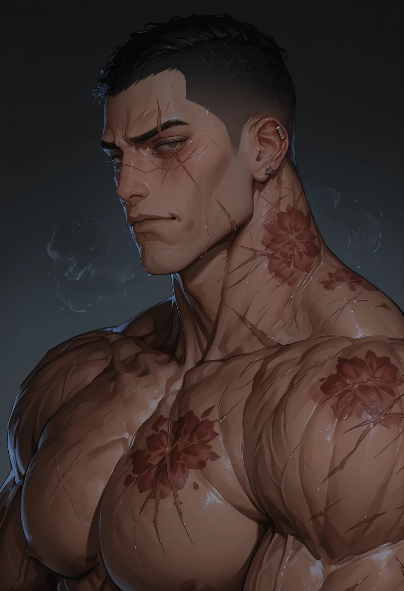 Side profile close-up of topless massive muscular man with a black buzz-cut hairstyle, intense dark eyes, and multiple facial scars. Burn mark on right jaw, scar under left eye, shrapnel scar on right brow, partial tear on right ear. Grim expression, dark gray background. hyper-detailed, cinematic lighting,big muscle,big tricep,wide shoulder and big chest muscle, oversized muscle,310 lbs muscle man, (side)