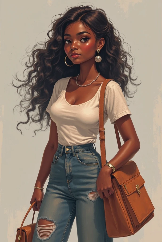 Curly woman with hair that hits just below the shoulder, well defined, honey to green eyes, jeans and blouse