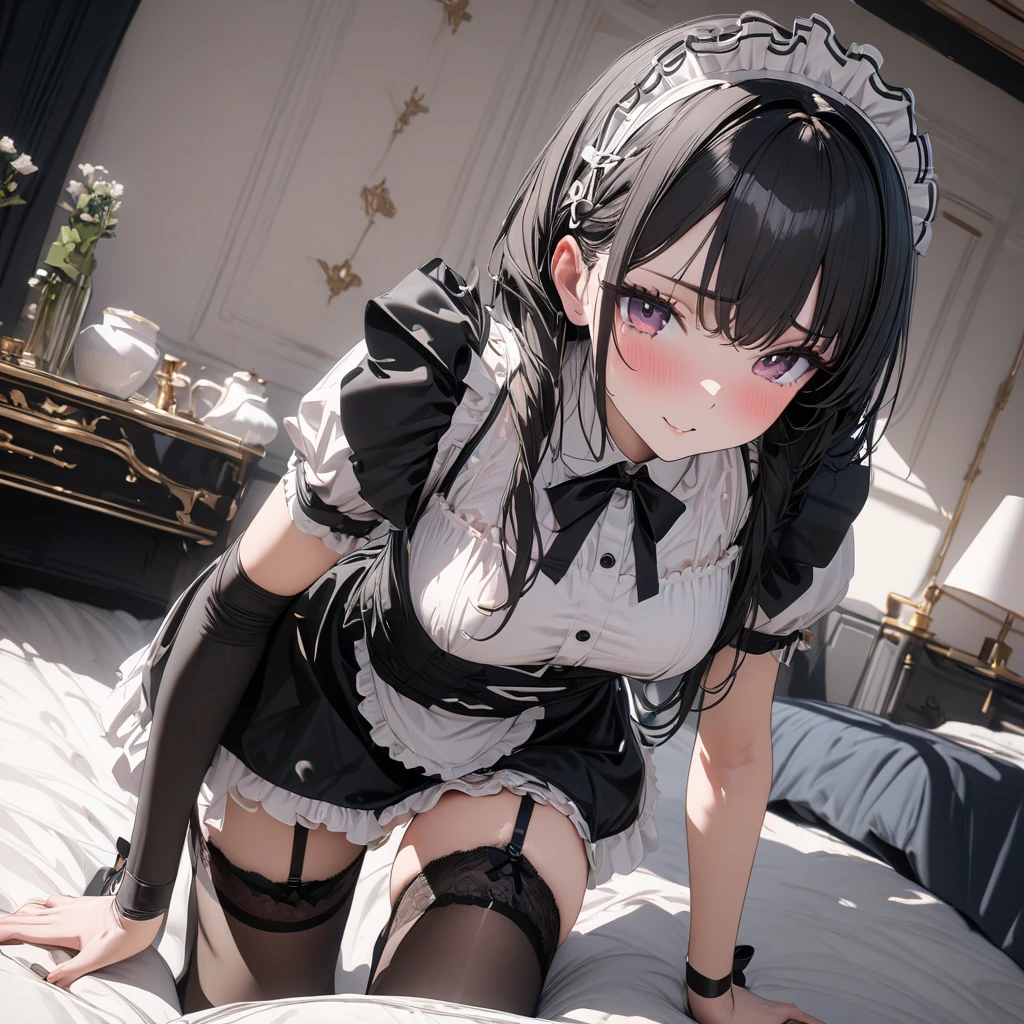 A maids, (in bedroom), various hair styles, night, details face, short skirt, seducing, sleeveless, maid uniform, armpits, , on bed
