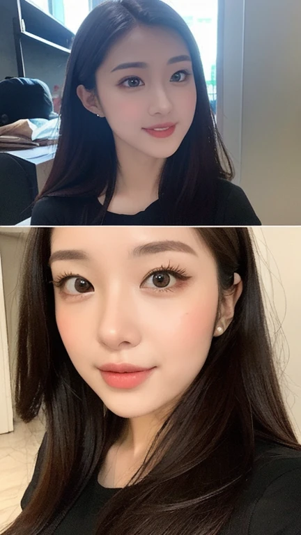 realistic, high resolution, 8k wallpapers, Complete dynamic configuration, Korean Background, beautiful detailed eyes, normal sized eyes, long straight hair, red hair vibrant lips, big bust, Random and plain generic poses, random case, breasts visible, no clothes, winked, 40 year old woman, Korean woman, (drooping eyes 1.2), (sagging eyebrows 1.2), very beautiful appearance, slim body, natural makeup, Selfie