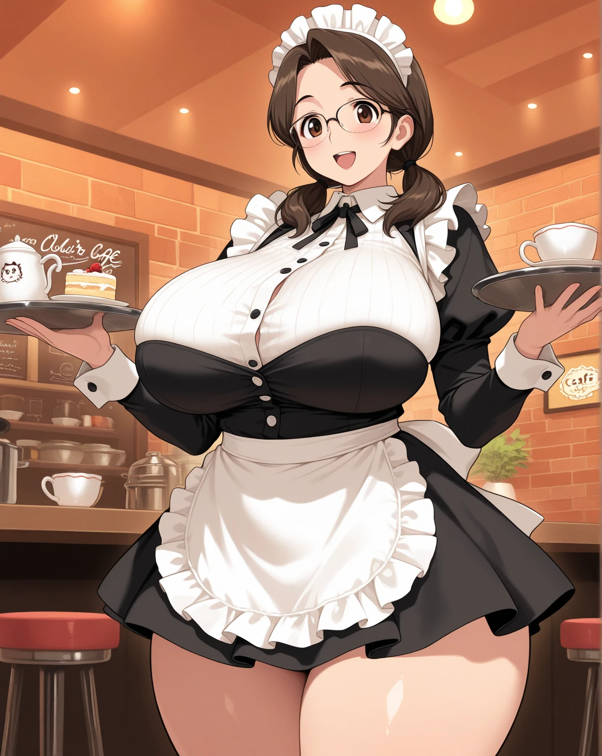 (masterpiece, best quality, highres, detailed, realistic:1.2), young japanese woman, maid, taking orders, (gigantic breasts:1.8), (bursting breasts:1.4), (detailed face, beautiful face), (annoyed expression:1.2), maid outfit, blushing, annoyed, skinny, busy maid cafe, fringe, holding trays
