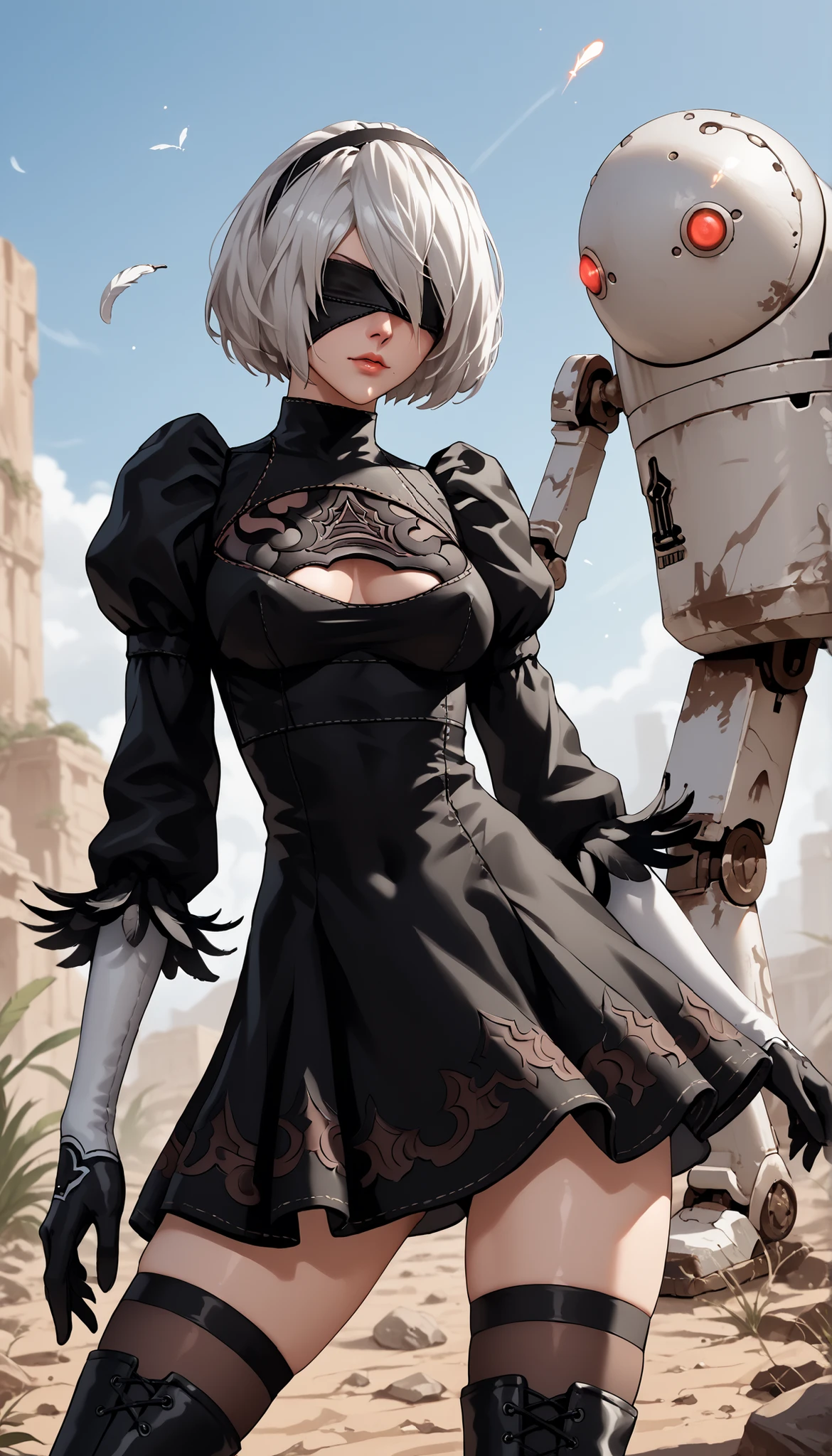 Score_9, score_8_up, score_7_up, source_semi-real, rating_safe;; Nier Automata 2B, fighting robot machine_lifeform in a desert pit;; 2BNAXL, blindfold, black blindfold, black hairband, white hair, short hair, medium breasts, clothing cutout, cleavege cutout, black dress, puffy sleeves, feather-trimmed sleeves, black gloves, leotard, skirt, black thighhighs, thigh boots, black high heels