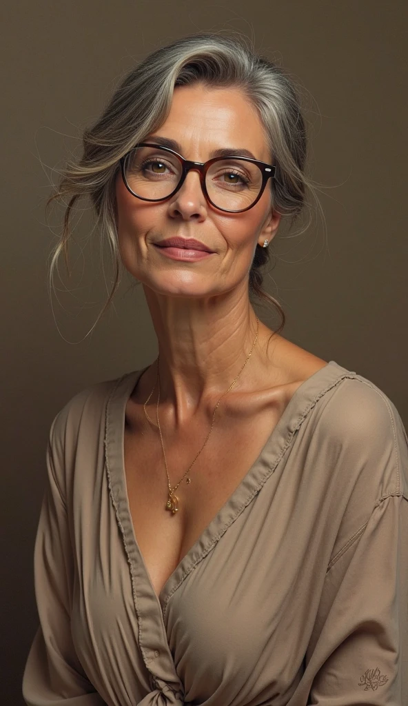 (Masterpiece:1.4),(60-year-old woman:1.4),(Wrinkles on the face1.2),smile,nude,gray hair,square glasses