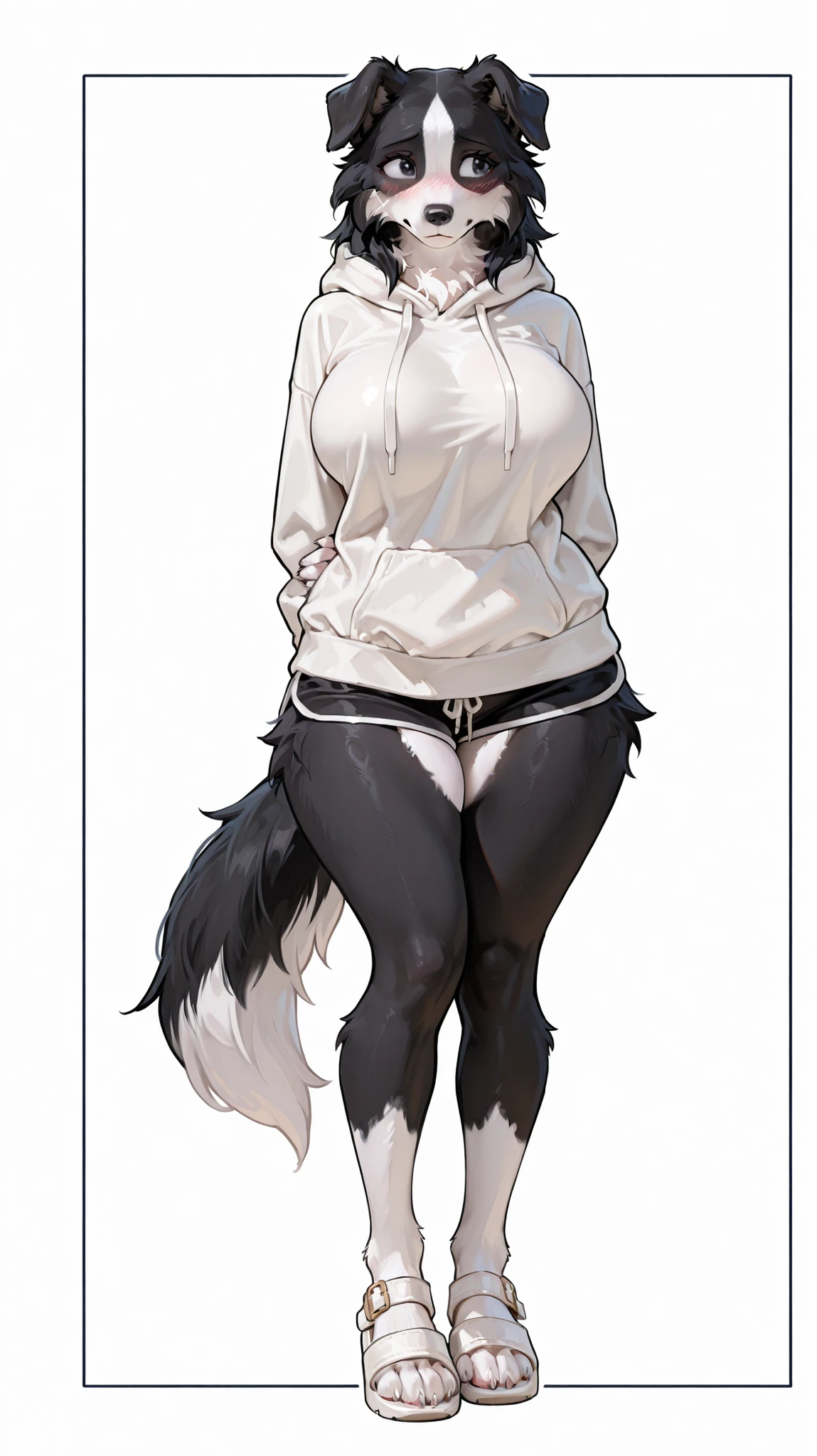 a cute male with wolf ears, white hair, a wolf tail, wearing a loose cropped oversized black hoodie, wearing a pair of denim short shorts and fishnet stockings, has black combat boots on, walking down the street, thick thighs, wide hips,