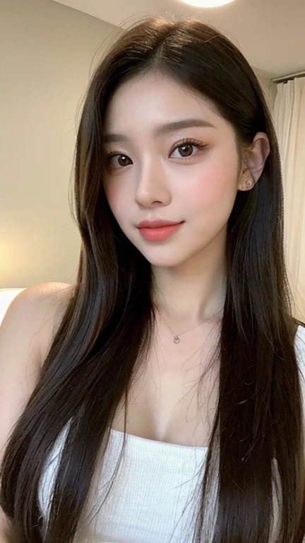 best quality, highres,Slender、brown eyes、tall、black hair、(semi-long:1.3),straight hair、Hotel、dark room、sleep on your back on the bed、black panties、white camisole、A small mole on the chest